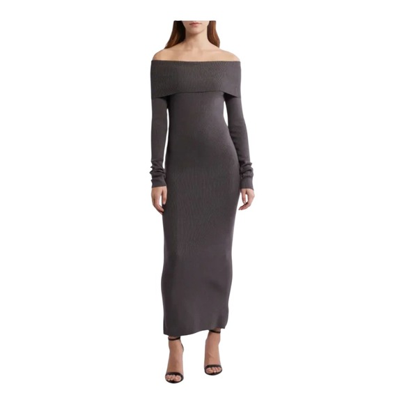 Petal & Pup Maxi Dress Ribbed Knit Long Sleeve Off the Shoulder Bodycon Charcoal - Picture 1 of 5